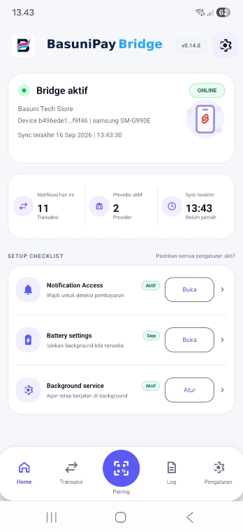 Layar beranda BasuniPay Bridge yang menampilkan status perangkat online